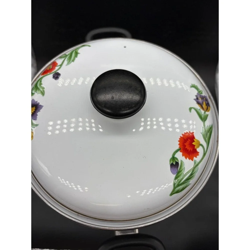 Vintage GMI Enamelware Stock Pot with Lid Floral Poppy‎ White Enamel Soup Pot
